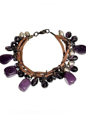 PEARLS AMETHYST LEATHER brass clasp and wiring, glass beads pretty